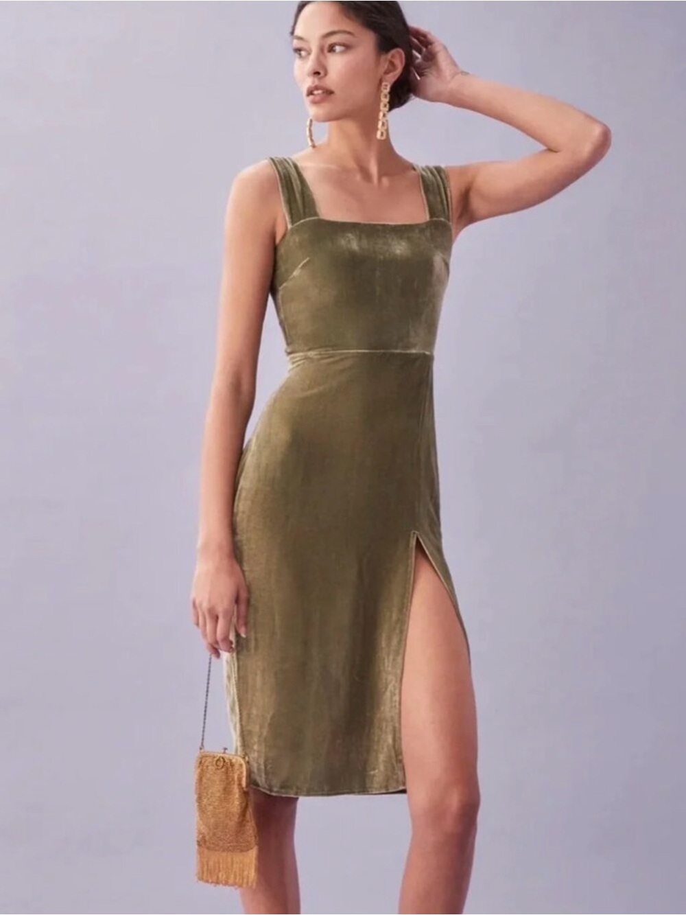 Olive Green Velvet Square-Neck Midi Dress
